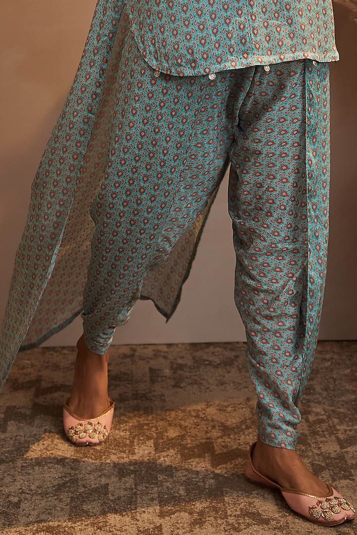 Aqua Blue Printed High-Low Kurta Set by Aneesh Agarwaal PRET at Pernia's Pop Up Shop