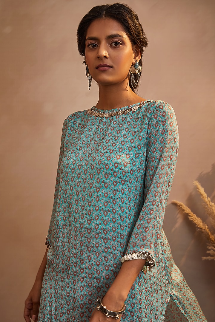 Aqua Blue Printed High-Low Kurta Set by Aneesh Agarwaal PRET at Pernia's Pop Up Shop