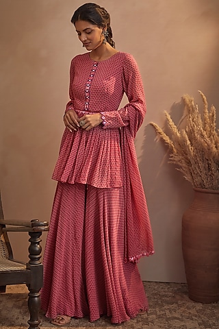 Dusty Red Georgette Sharara Set by Aneesh Agarwaal PRET