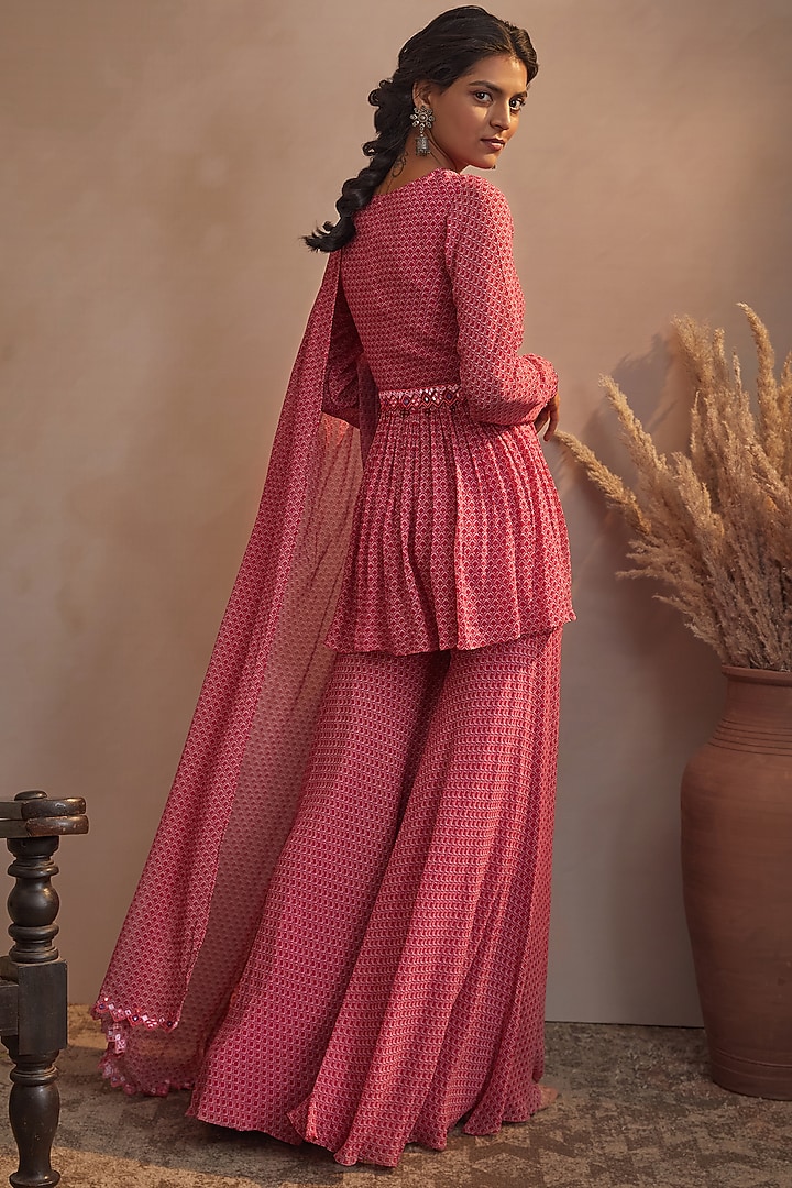 Dusty Red Georgette Wedding Sharara Set by Aneesh Agarwaal PRET at Pernia's Pop Up Shop