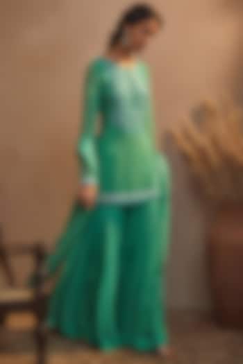 Emerald Green Georgette Sharara Set by Aneesh Agarwaal PRET