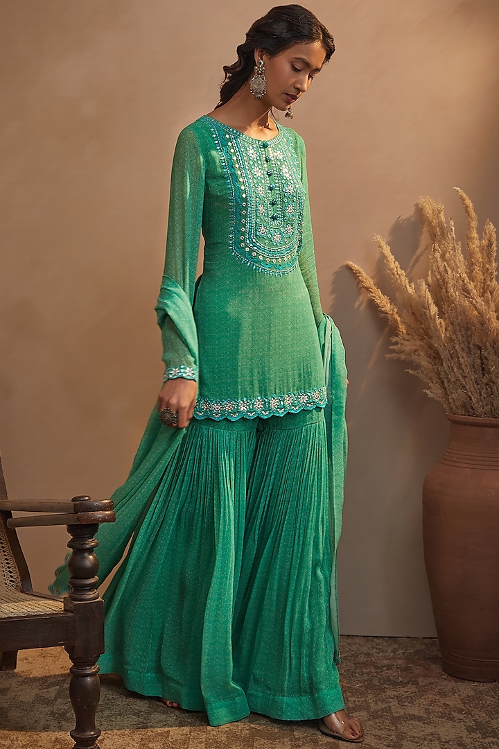 Emerald Green Georgette Sharara Set by Aneesh Agarwaal PRET