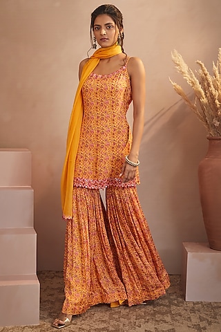 Mango Yellow Chinon Chiffon Sharara Set by Aneesh Agarwaal PRET