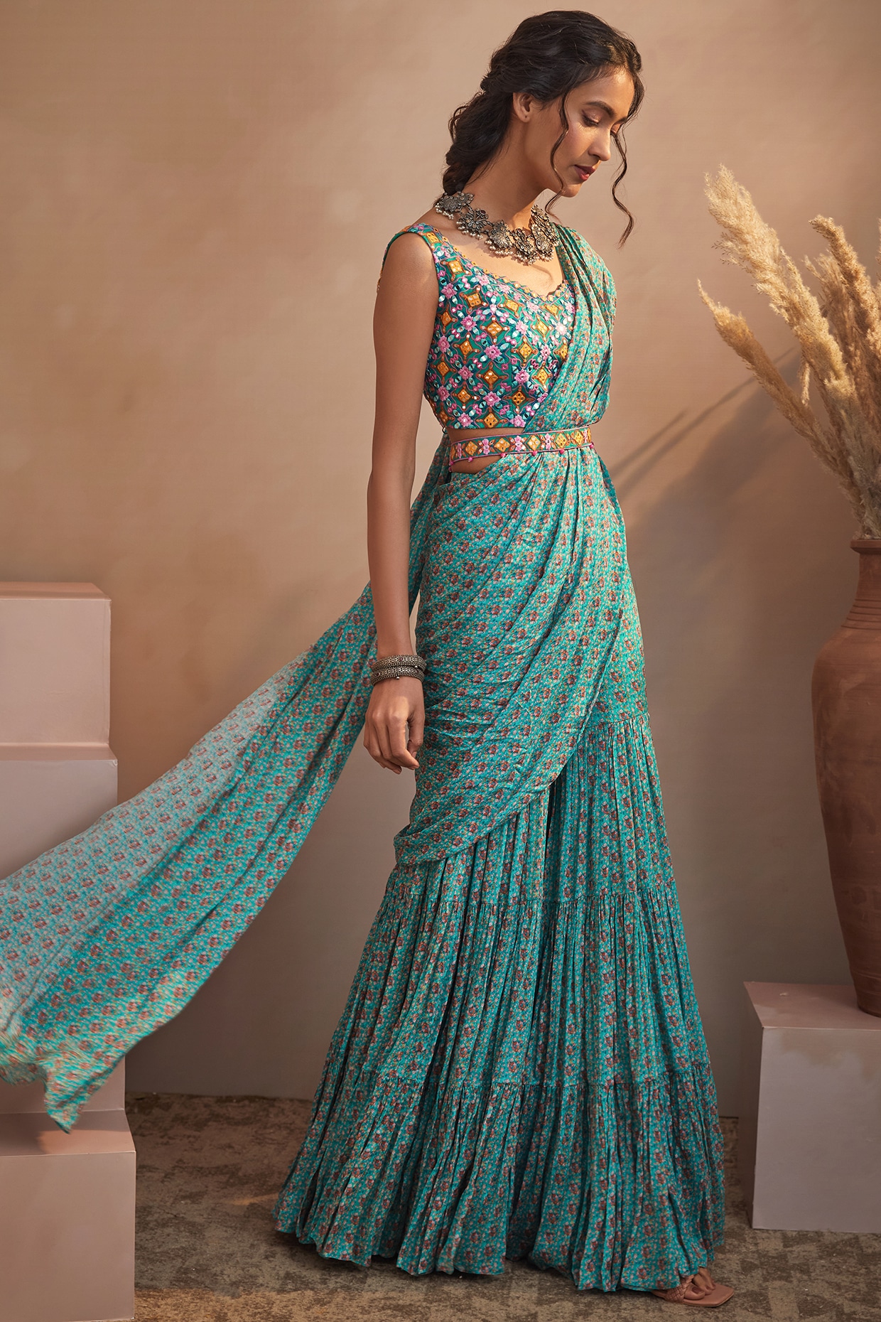 Mint Tulle Embroidered Sharara Sari Set | Esha Sethi Thirani – KYNAH