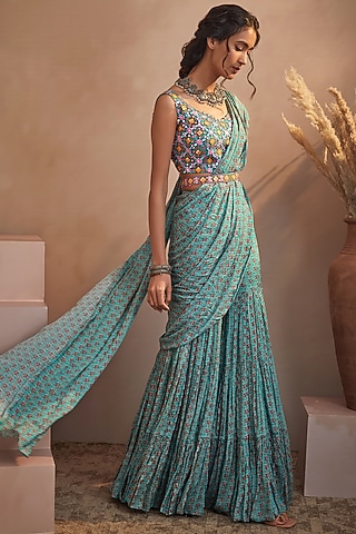 Dusty Teal Chinon Chiffon Printed Sharara Saree Set by Aneesh Agarwaal PRET