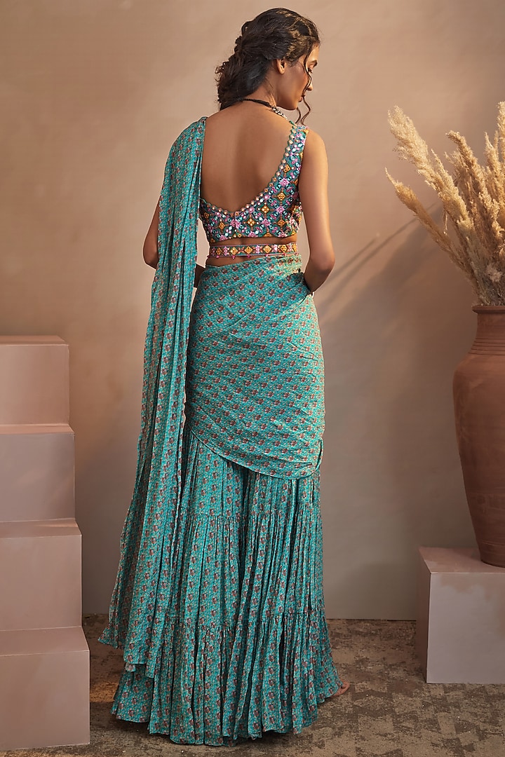 Dusty Teal Chinon Chiffon Printed Sharara Wedding Saree Set by Aneesh Agarwaal PRET at Pernia's Pop Up Shop