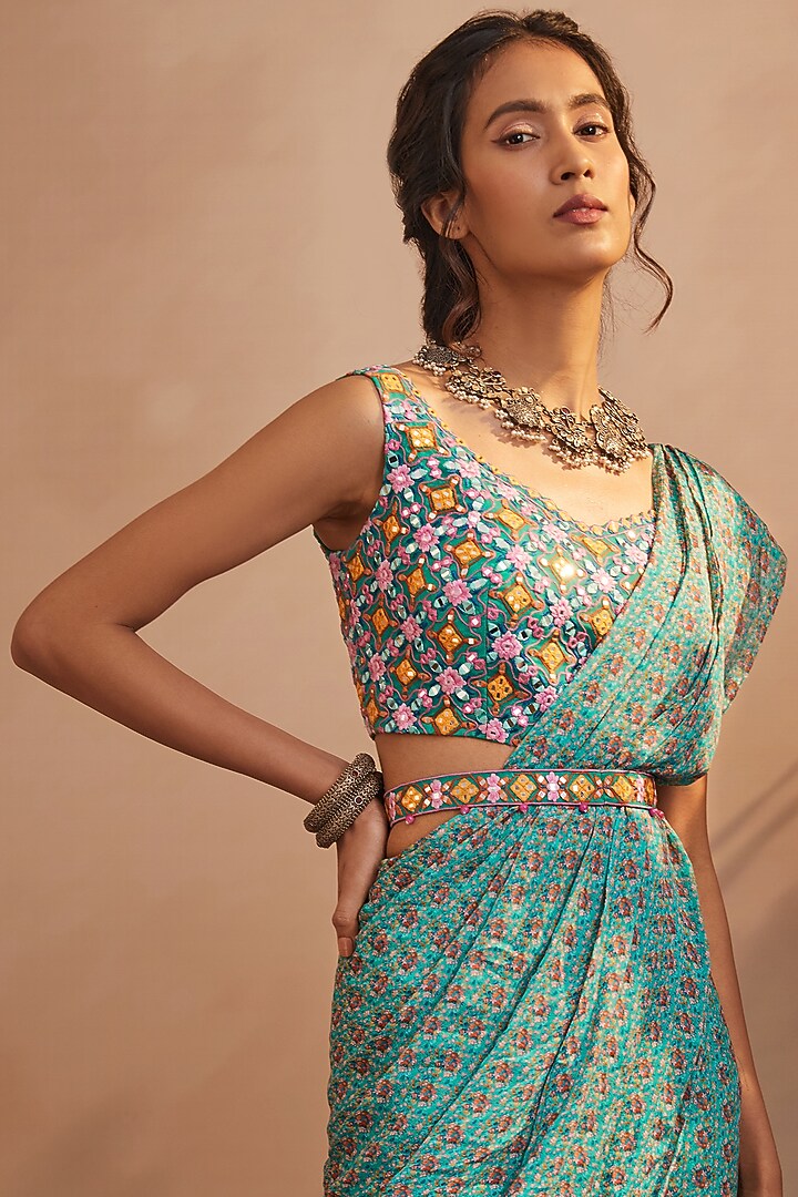 Dusty Teal Chinon Chiffon Printed Sharara Wedding Saree Set by Aneesh Agarwaal PRET at Pernia's Pop Up Shop