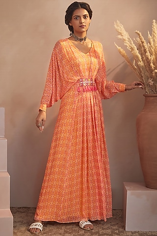 Mango Yellow Printed Kaftan Dress by Aneesh Agarwaal PRET