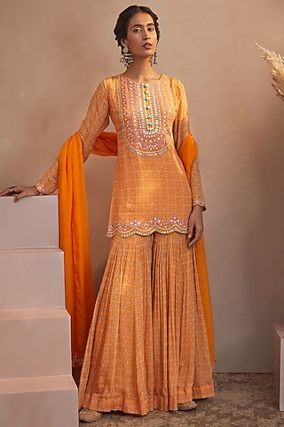 Mustard Chinon Chiffon Sharara Set by Aneesh Agarwaal PRET