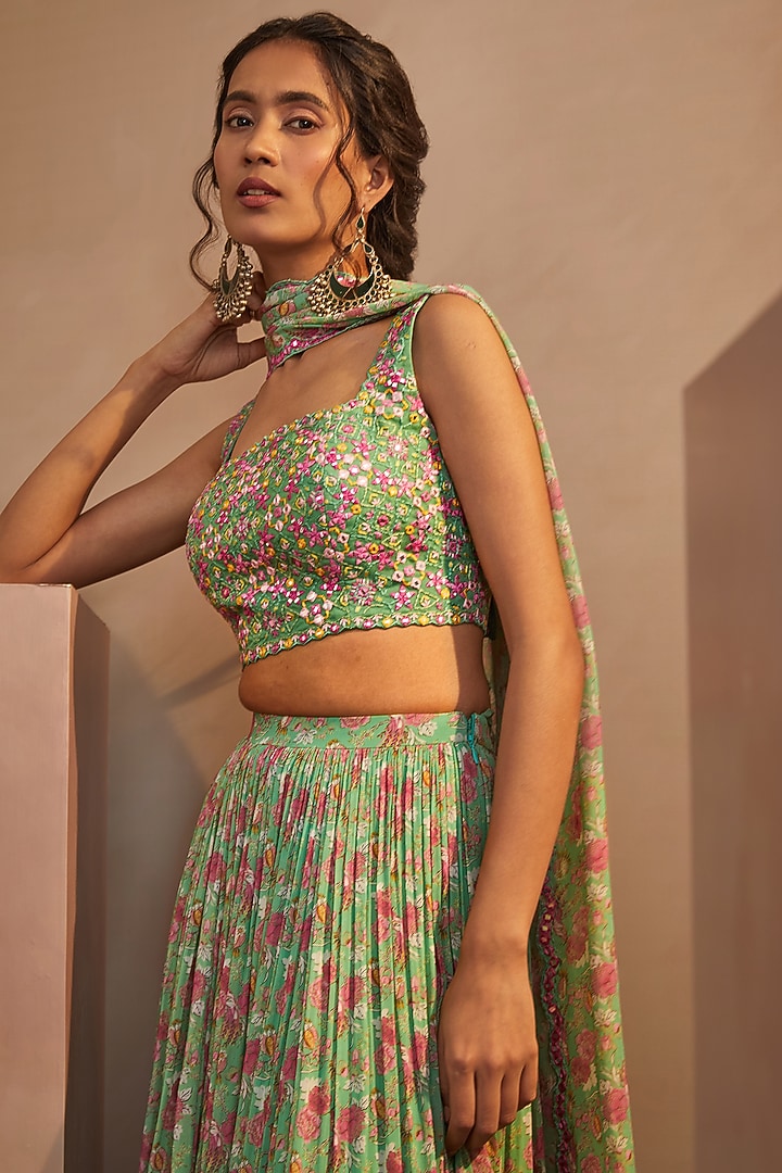 Parrot Green Printed Skirt Set by Aneesh Agarwaal PRET at Pernia's Pop Up Shop