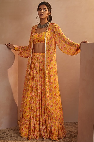 Mango Yellow Printed Skirt Set by Aneesh Agarwaal PRET