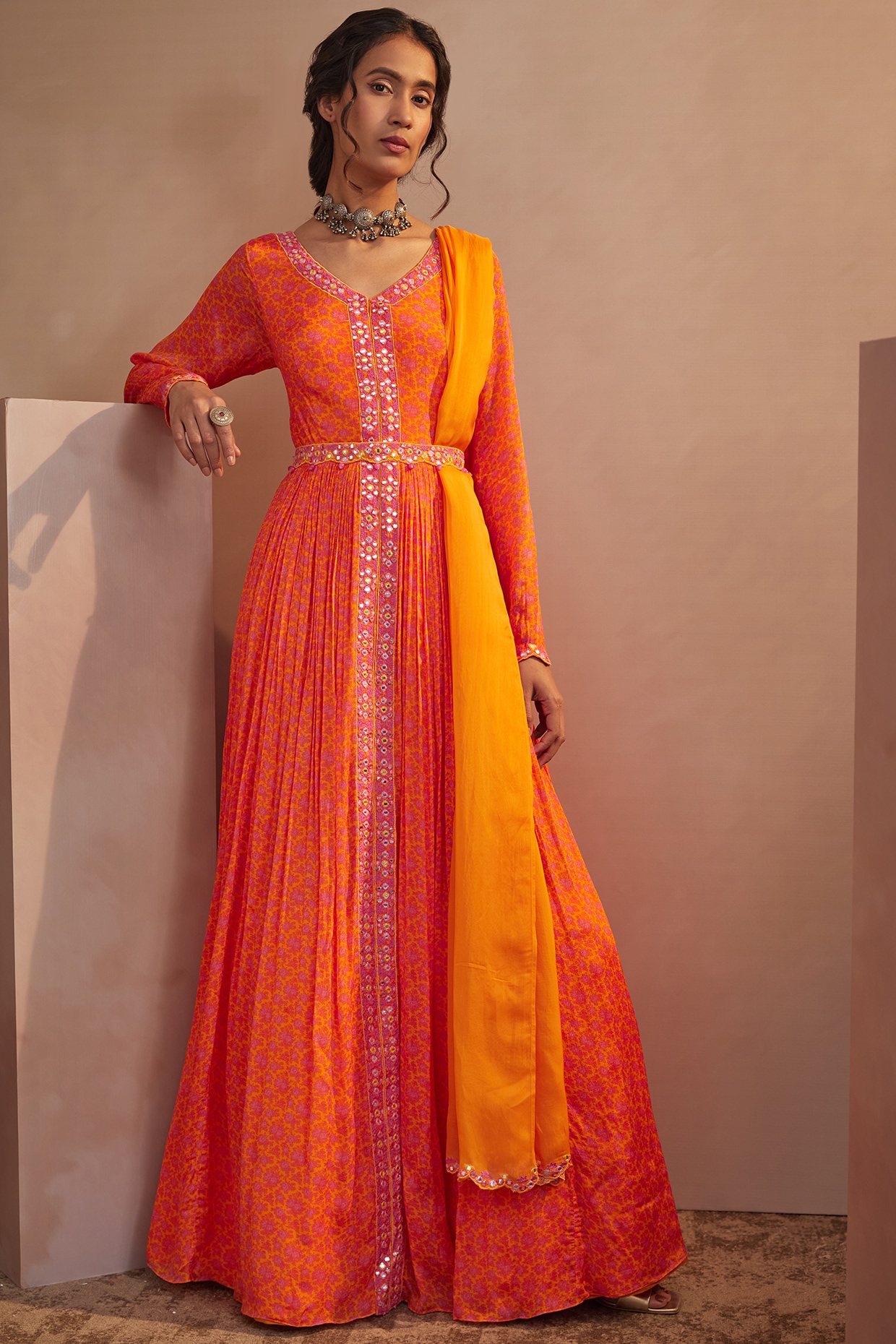 Orange shop anarkali gown