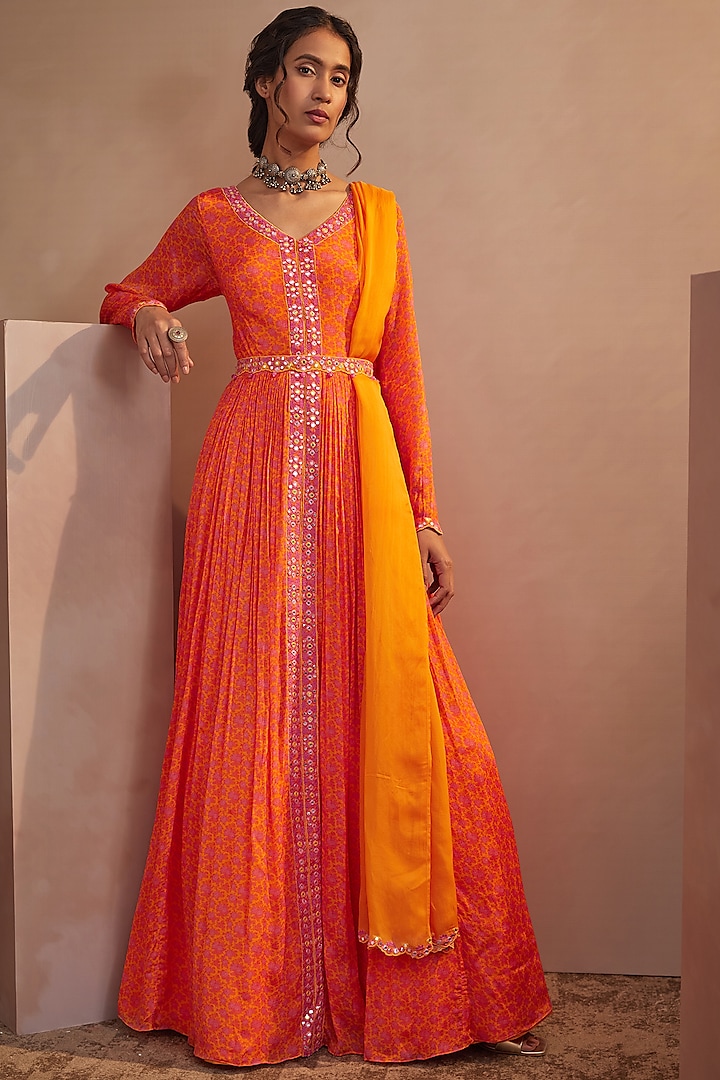 Bright Orange Printed Anarkali Set by Aneesh Agarwaal PRET