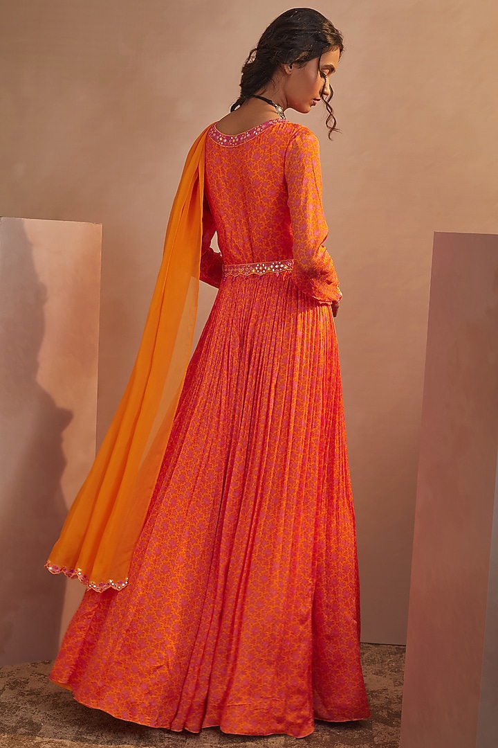 Bright Orange Printed Wedding Anarkali Set by Aneesh Agarwaal PRET at Pernia's Pop Up Shop