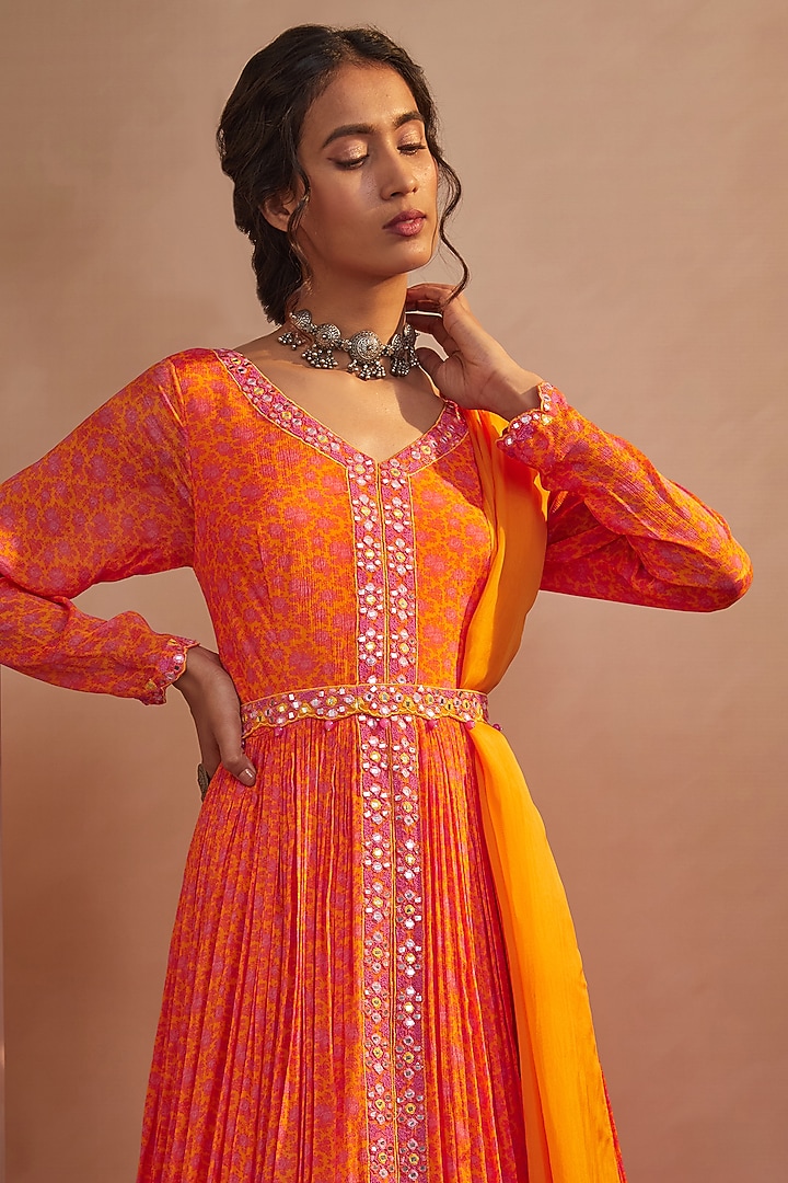 Bright Orange Printed Wedding Anarkali Set by Aneesh Agarwaal PRET at Pernia's Pop Up Shop