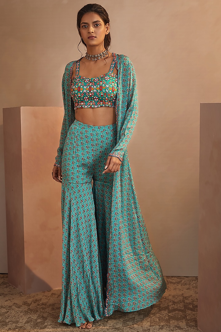 Dull Teal Chinon Chiffon Sharara Set by Aneesh Agarwaal PRET