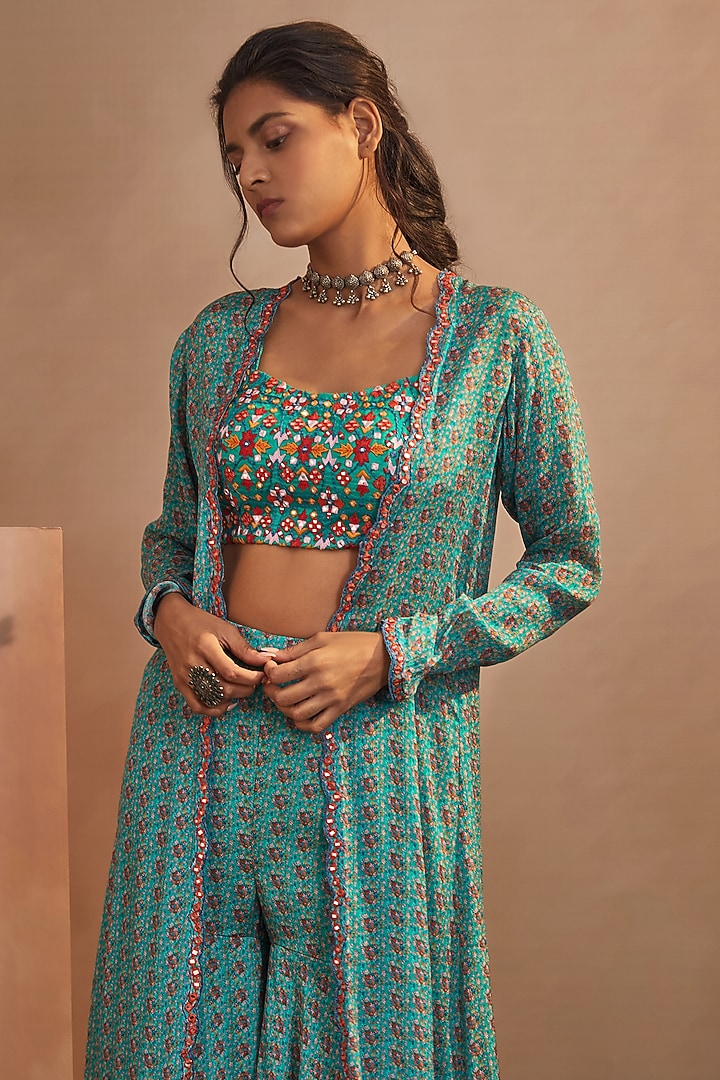 Dull Teal Chinon Chiffon Wedding Sharara Set by Aneesh Agarwaal PRET at Pernia's Pop Up Shop