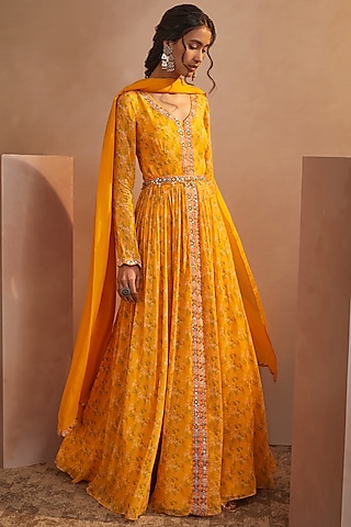 Mango Yellow Printed Anarkali Set by Aneesh Agarwaal PRET