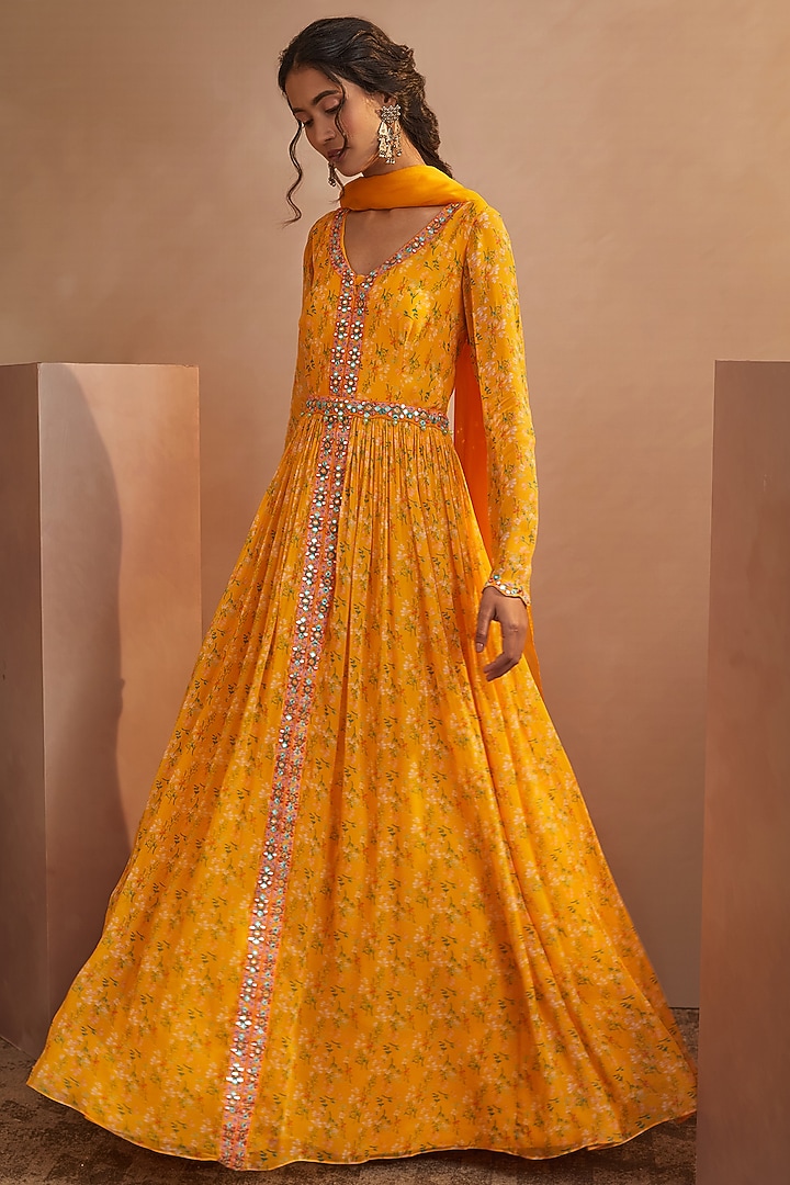 Mango Yellow Printed Wedding Anarkali Set by Aneesh Agarwaal PRET at Pernia's Pop Up Shop