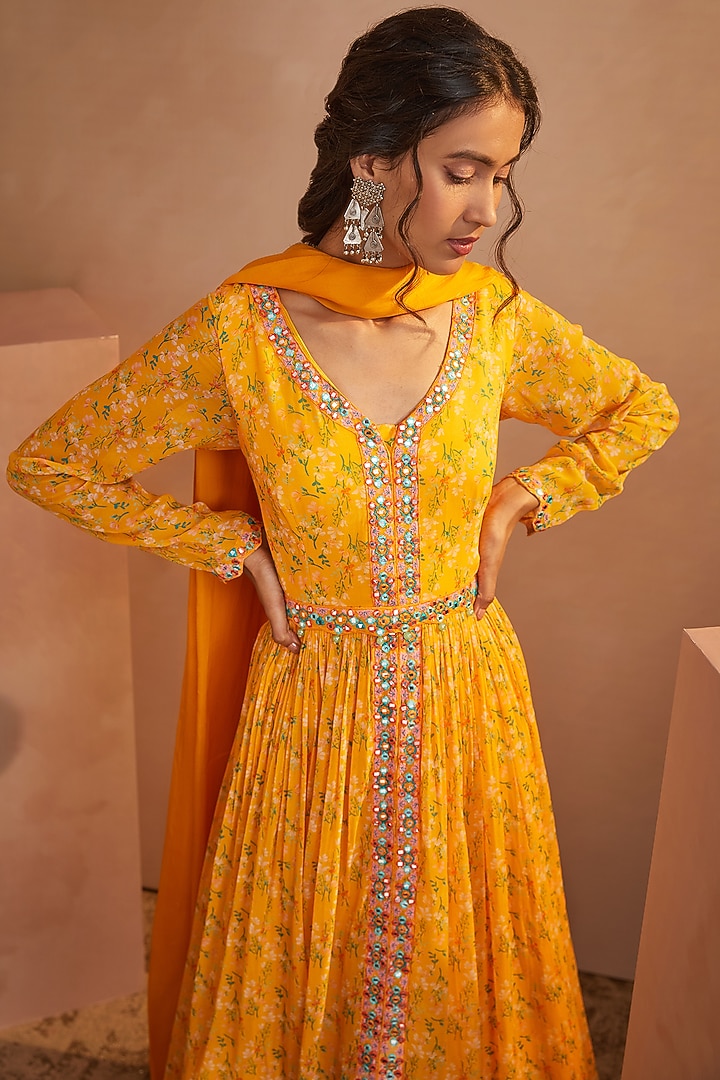 Mango Yellow Printed Wedding Anarkali Set by Aneesh Agarwaal PRET at Pernia's Pop Up Shop