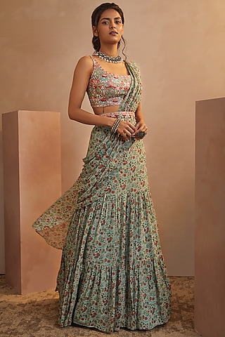 Olive Green Georgette Printed Draped Saree Set by Aneesh Agarwaal PRET