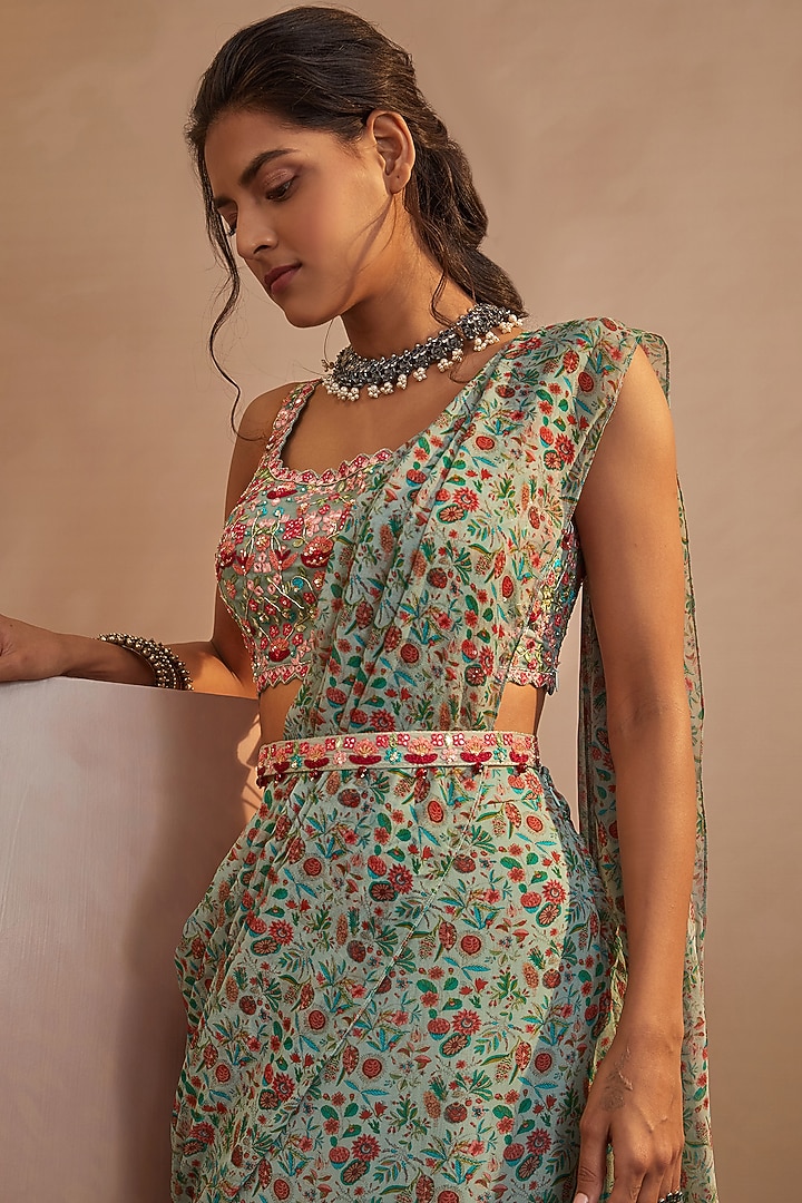 Olive Green Georgette Printed Draped Wedding Saree Set by Aneesh Agarwaal PRET at Pernia's Pop Up Shop