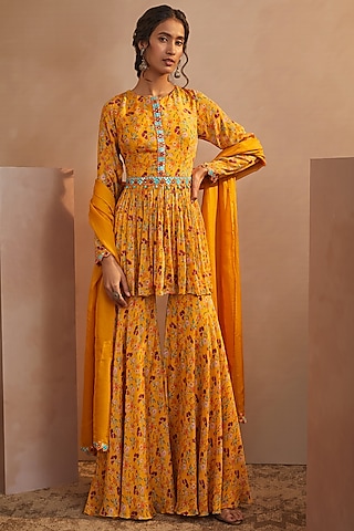 Mango Yellow Sharara Set In Chinon Chiffon by Aneesh Agarwaal PRET