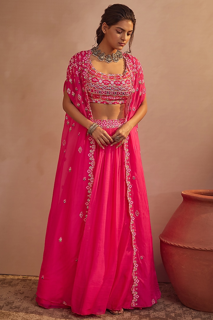 Fuchsia Soft Organza Skirt Set by Aneesh Agarwaal PRET