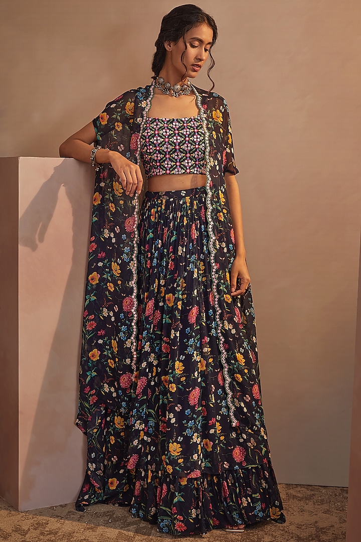 Dark Navy Blue Floral Printed Skirt Set by Aneesh Agarwaal PRET at Pernia's Pop Up Shop