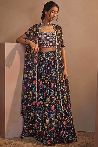 Dark Navy Blue Floral Printed Skirt Set by Aneesh Agarwaal PRET