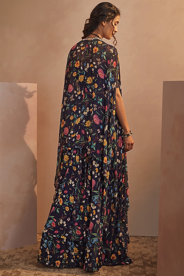 Dark Navy Blue Floral Printed Skirt Set by Aneesh Agarwaal PRET at Pernia's Pop Up Shop
