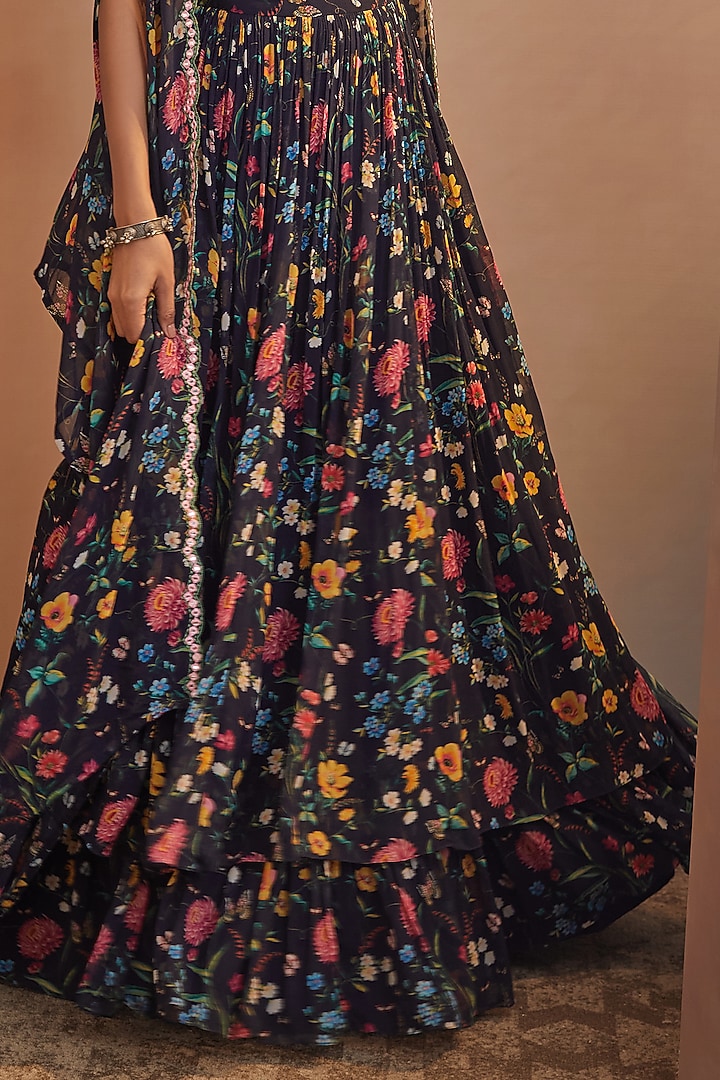 Dark Navy Blue Floral Printed Skirt Set by Aneesh Agarwaal PRET at Pernia's Pop Up Shop