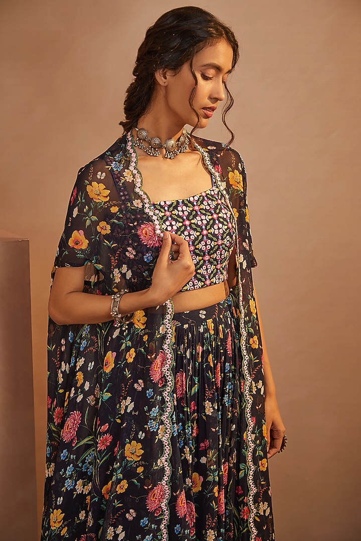 Dark Navy Blue Floral Printed Skirt Set by Aneesh Agarwaal PRET at Pernia's Pop Up Shop