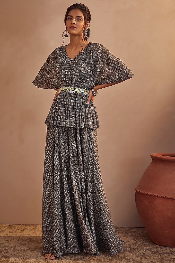 Dark Navy Blue Chinon Chiffon Sharara Set by Aneesh Agarwaal PRET