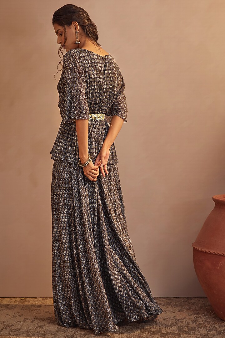 Dark Navy Blue Chinon Chiffon Party Wear Sharara Set by Aneesh Agarwaal PRET at Pernia's Pop Up Shop