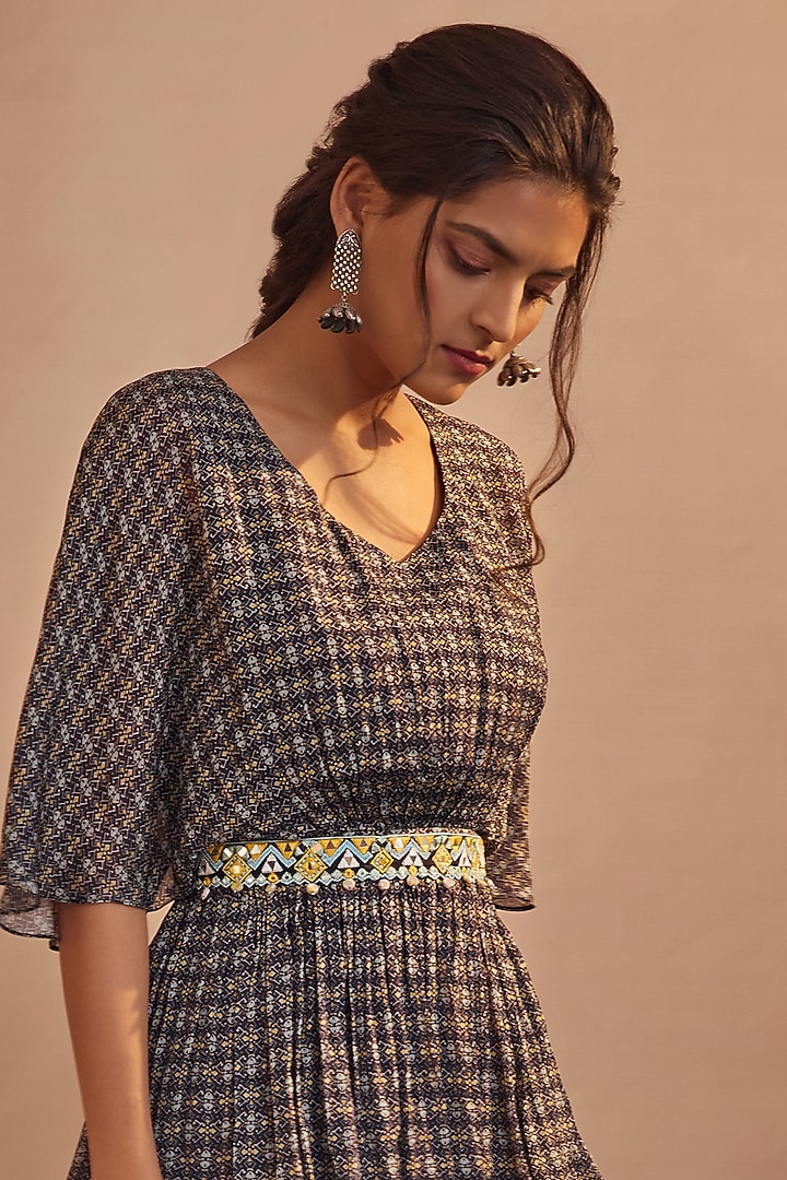 Dark Navy Blue Chinon Chiffon Party Wear Sharara Set by Aneesh Agarwaal PRET at Pernia's Pop Up Shop