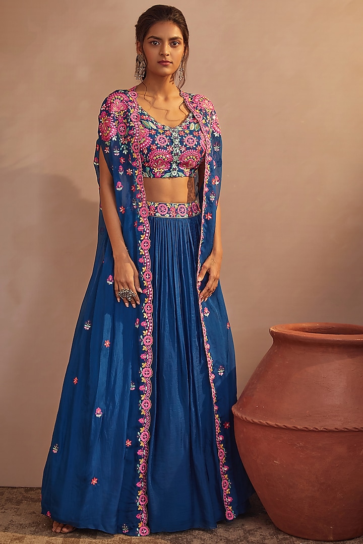 Royal Blue Soft Organza Skirt Set by Aneesh Agarwaal PRET