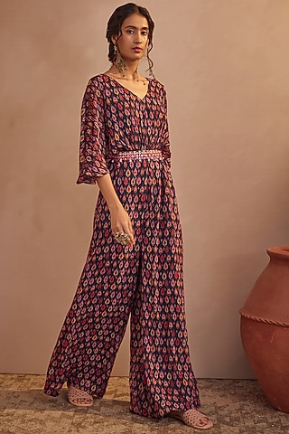 Dark Navy Blue Printed Jumpsuit by Aneesh Agarwaal PRET