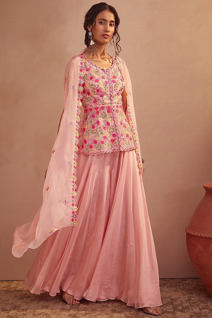 Blush Pink Soft Organza Flared Sharara Set by Aneesh Agarwaal PRET