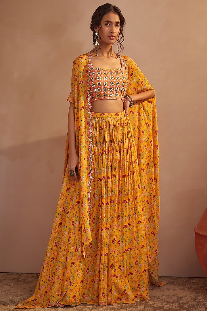 Mango Yellow Floral Printed Skirt Set by Aneesh Agarwaal PRET
