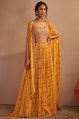 Mango Yellow Floral Printed Skirt Set by Aneesh Agarwaal PRET