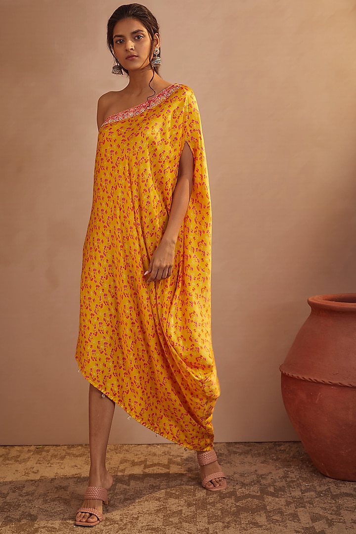 Mango Yellow Embroidered One-Shoulder Cowl Dress by Aneesh Agarwaal PRET