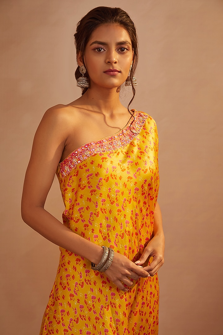 Mango Yellow Embroidered One-Shoulder Cowl Cocktail Dress by Aneesh Agarwaal PRET at Pernia's Pop Up Shop