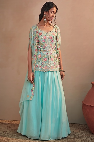Aqua Blue Soft Organza Skirt Set by Aneesh Agarwaal PRET