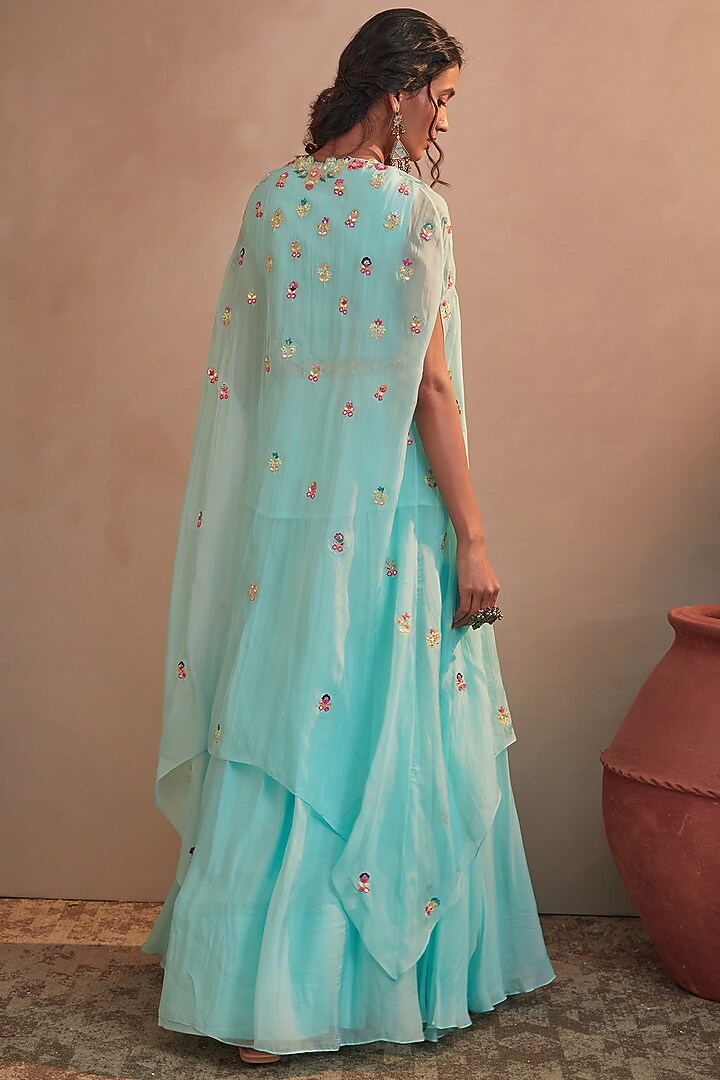 Aqua Blue Soft Organza Skirt Set by Aneesh Agarwaal PRET at Pernia's Pop Up Shop
