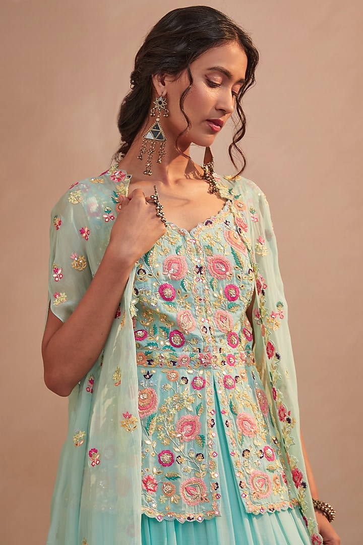 Aqua Blue Soft Organza Skirt Set by Aneesh Agarwaal PRET at Pernia's Pop Up Shop