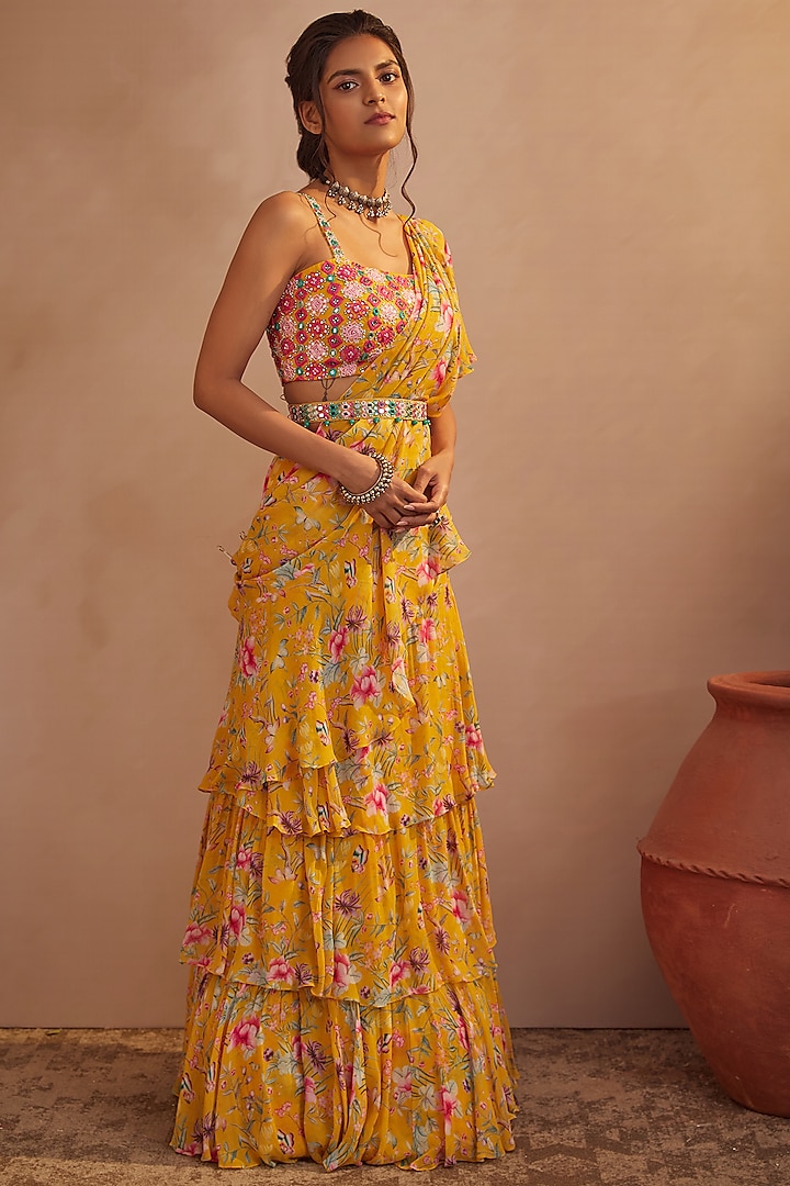 Mango Yellow Georgette Floral Printed Draped Saree Set by Aneesh Agarwaal PRET