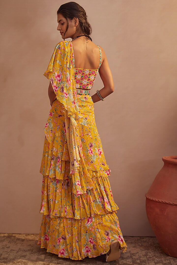 Mango Yellow Georgette Floral Printed Draped Wedding Saree Set by Aneesh Agarwaal PRET at Pernia's Pop Up Shop