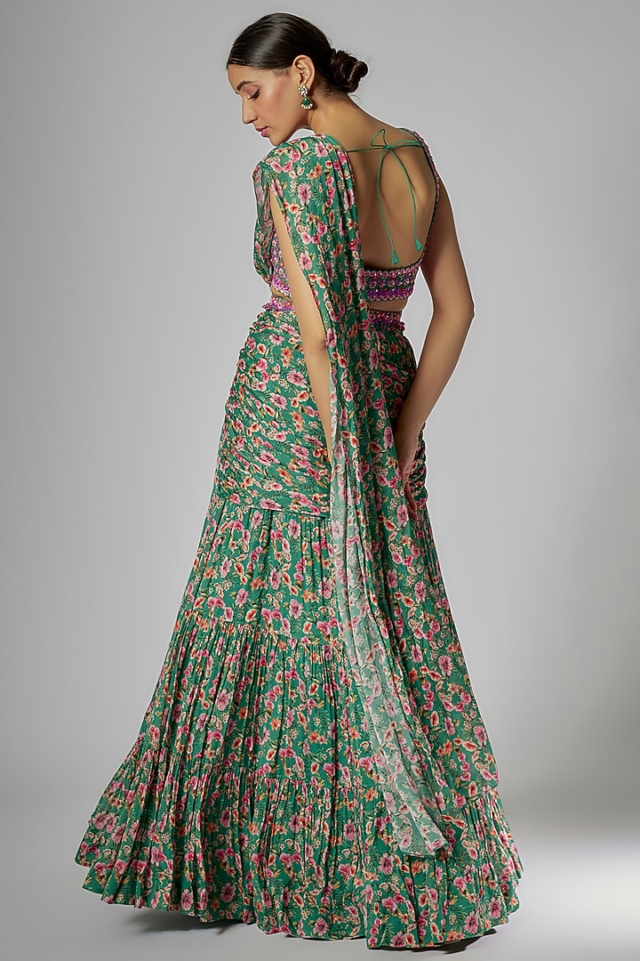 Emerald Green Chiffon & Organza Printed Draped Wedding Saree Set by Aneesh Agarwaal PRET at Pernia's Pop Up Shop