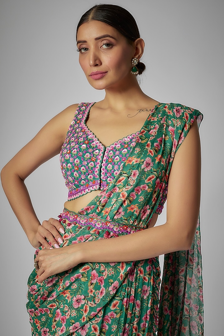 Emerald Green Chiffon & Organza Printed Draped Wedding Saree Set by Aneesh Agarwaal PRET at Pernia's Pop Up Shop